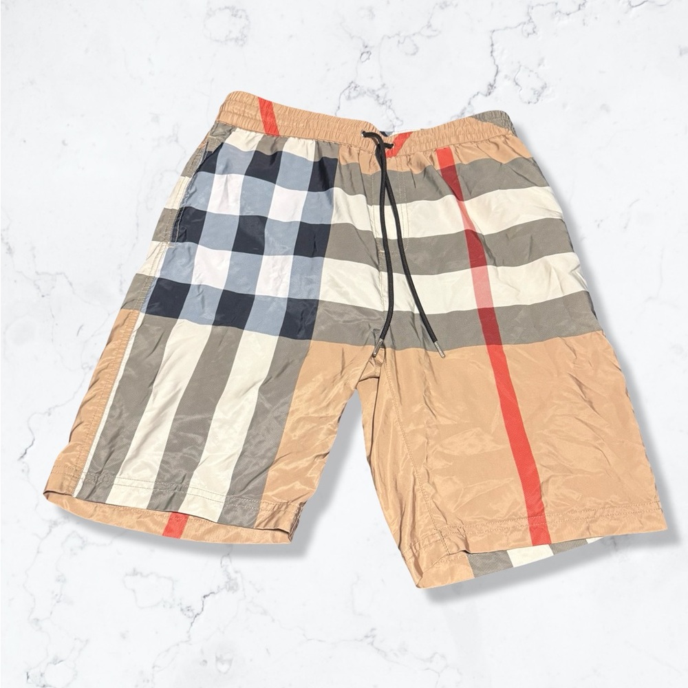 Burberry Tan and Red Check Swim Shorts